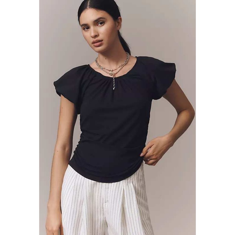 NWT Anthropologie Ruched Cap-Sleeve Black Puff Sleeve Side Scoop Neck Shirt XS